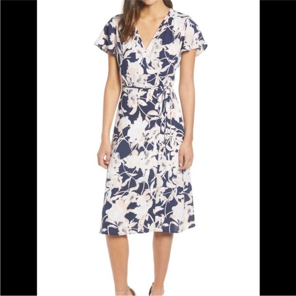 White and Blue Tiered Midi Sundress with Flutter Sleeves